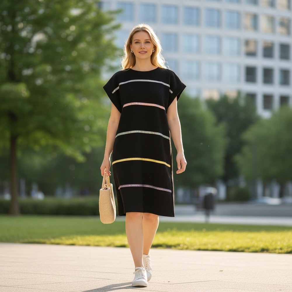 ENTRO Black Shift Dress Colorful Sequin Stripe Sleeveless Dress Womens M
